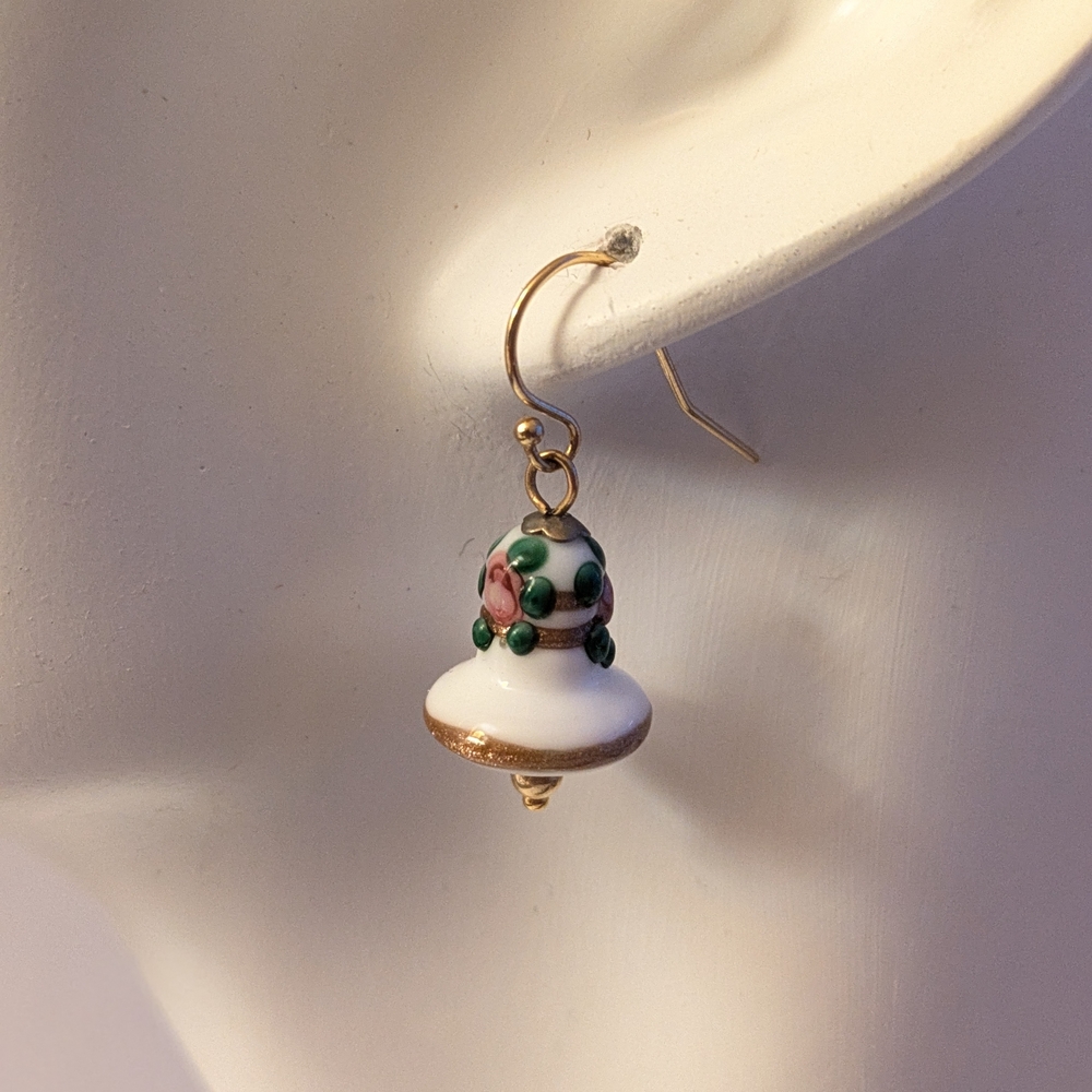 Handmade Christmas bell lampwork Glass Gold and White Floral Earrings